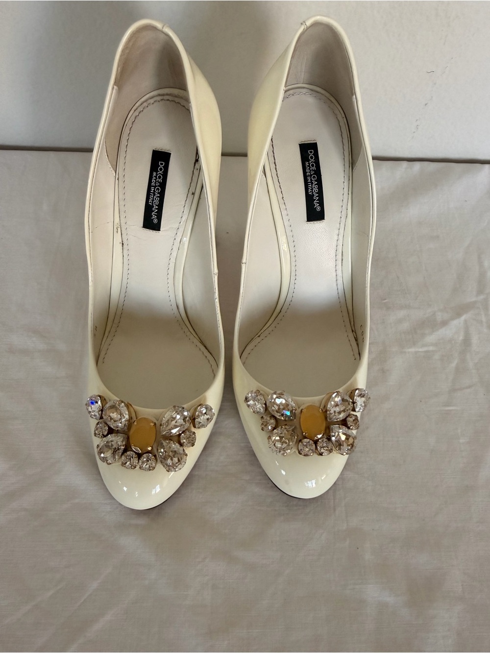 Dolce & Gabbana Ivory Patent Crystal Embellished Pumps